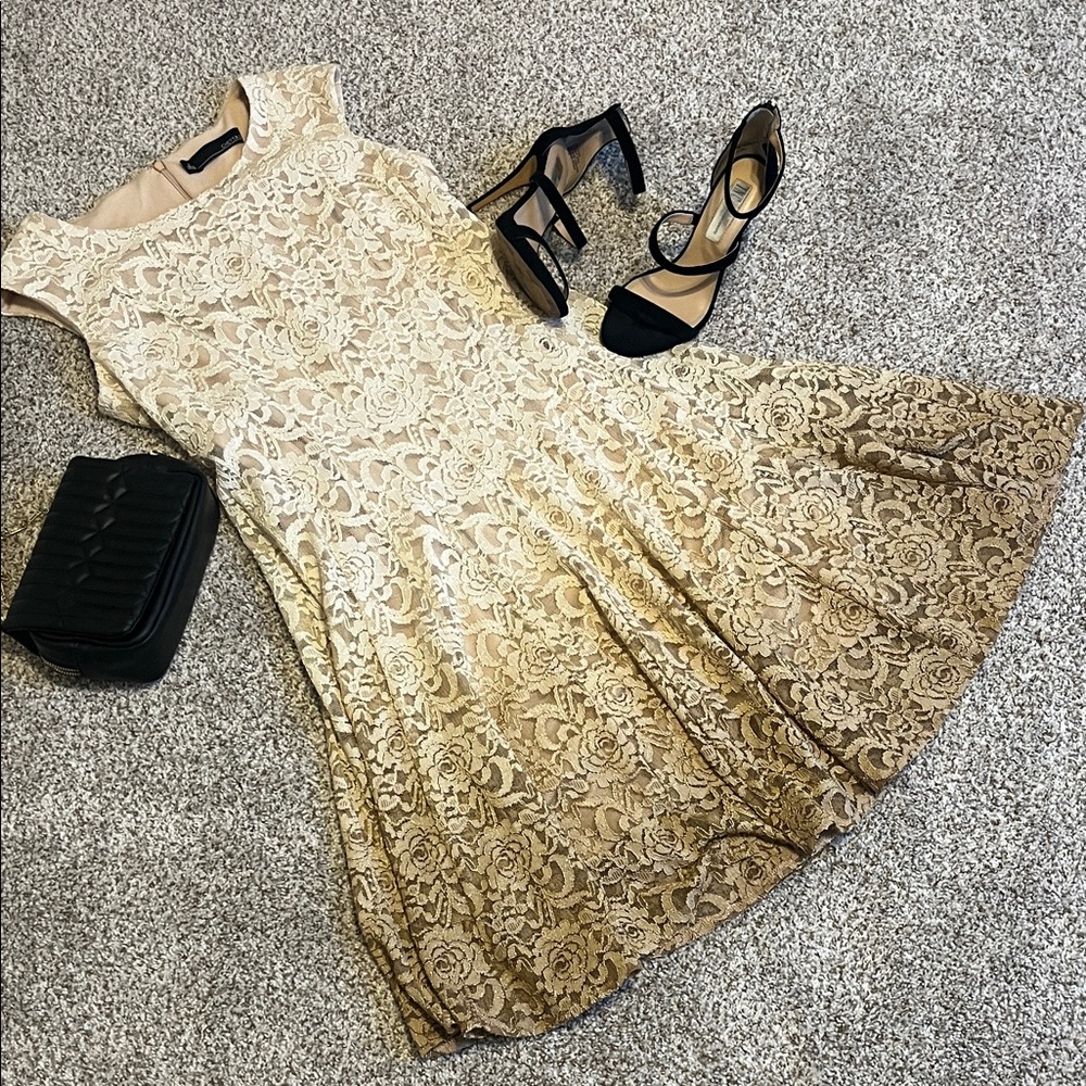 Chetta B Gold Lace Fit-and-Flare Midi Dress